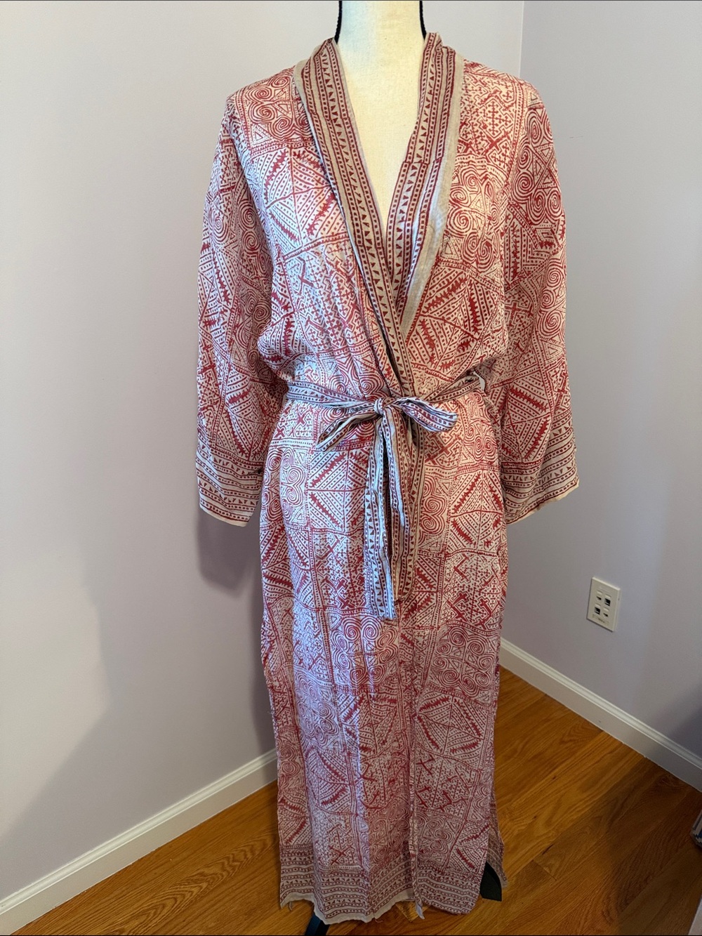 Red Patterned Cotton Kimono Robe with Tie Belt